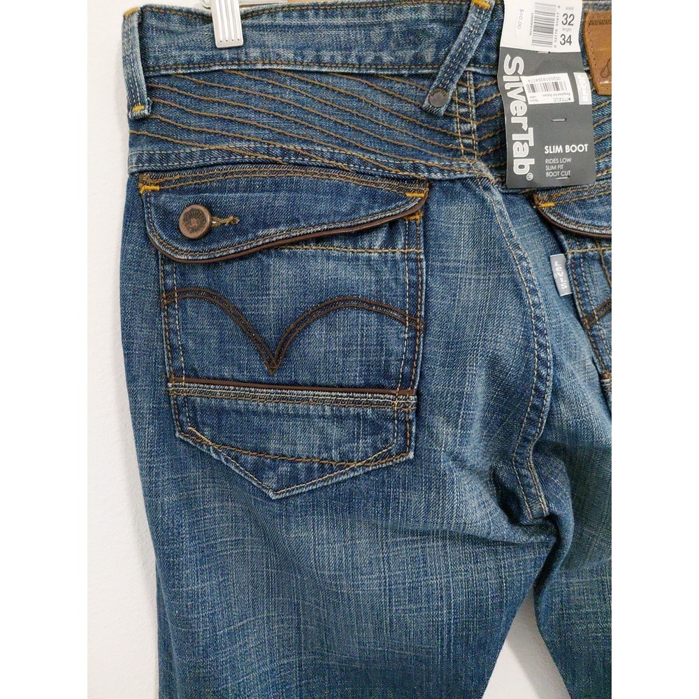NOS Levi's SilverTab Boot Jeans 32x34 Y2K Blue Denim SLIM BOOT Leather Trim VTG - Picture 6 of 15